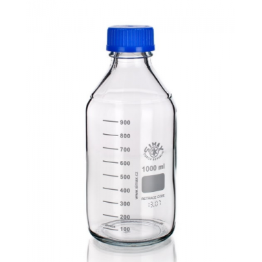 Reagenčná fľaša s PP modrým uzáverom GL 45, vylievací krúžok z PP